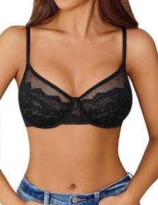 lot 4403 image: Avidlove Lace Bras for Women Sheer Balconette Underwire Unlined Everyday Bras Lingerie Black S