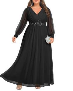 lot 4410 image: Pinup Fashion Women Plus Size Formal Dresses Black Long Sleeve Evening Chiffon Bridesmaid Wedding Elegant Ruched A-Line Maxi Dress 22W