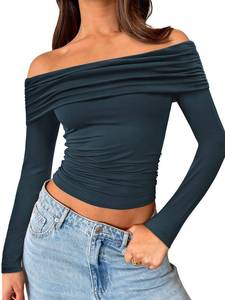lot 4411 image: Trendy Queen Women Long Sleeve Shirts Off Shoulder Tops Going Out Crop Sexy Slim Fitted Y2K Fall Outfits 2026 Fashion Clothes HazeBlue S