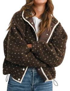 lot 4424 image: Meyhad Womens Fleece Jacket Button Down Lapel Collar Sherpa Jackets Long Sleeve Contrast Quilted Outerwear(1006-Brown-S)