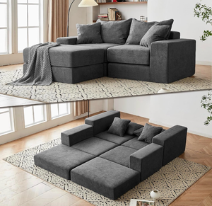 lot 2880 image: Modular Sectional Loveaeat Cloud Sofa, Boneless Couch with Non Slip Base, Cozy Sleeper Sofa for Customizable Living Spaces, Modern Modular Couch with L-Shape Chaise, Deep Seat & No Assembly, Grey - Retail $500
