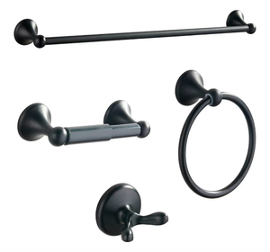 lot 2892 image: Bathroom Accessory Set, Matte Black Adjustable Expandable Towel Bar 4-Piece Bathroom Hardware Set Wall Mounted Robe Hook Toilet Paper Holder Towel Ring Towel Bar - Retail $0