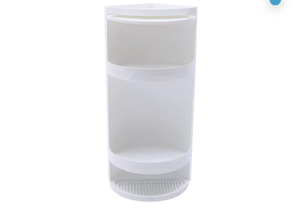 lot 2893 image: 3 Tier Corner Shelf Stand, Cosmetic Skincare Organizer for Bathroom & Vanity, Tabletop Storage Rack Cabinet for Small Space, Waterproof Stand with 360° Rotating Door, 8 x 8 x 23.6 in, White - Retail $0