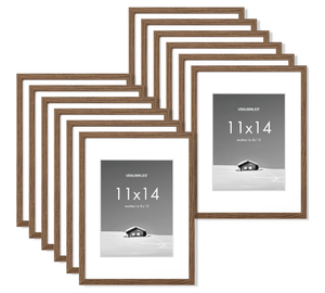 lot 2908 image: 11x14 inch Picture Frame, 11x14 Photo Frames with 8x10 Removable Mat - High Definition Plexiglass - Vertical and Horizontal Display - Wall Hanging Frame - Walnut Color, 12 Pack - Retail $60