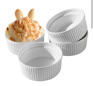 lot 2912 image: Cinf White 10 oz Set of 5 Souffle Dishes Ramekins Oven Microwave Safe Bowls Creme Brulee Sauce Cups for Baking Cooking Porcelain Individual Serving Size for Desserts - Retail $0