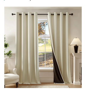lot 2913 image: Beige Blackout Curtains (4 ct) not ring style, but has back straps for the rod 84in - Retail $0