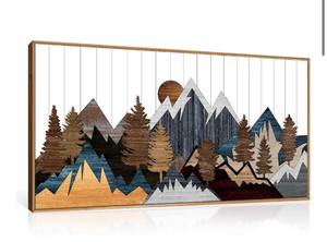 lot 2916 image: CHDITB Framed Wood Mountain Wall Art, 20x40 Large Country Woodcut Style Wall Decor, Rustic Forest Nature Wall Painting, Modern Canvas Art Prints for Living Room, Bedroom, Farmhouse, Office - Retail $0