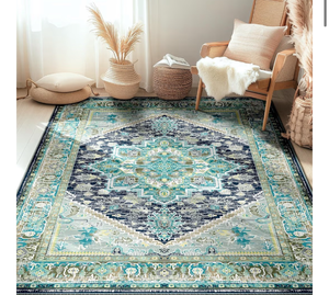 lot 2942 image: BESTSWEETIE (large) Area Rugs for Living Room Washable Non Slip Carpet Low Pile Soft Vintage Print Pattern Rug for Bedroom Dining Room Kitchen Entryway Indoor-TealNavyGreenYellow - Retail $0