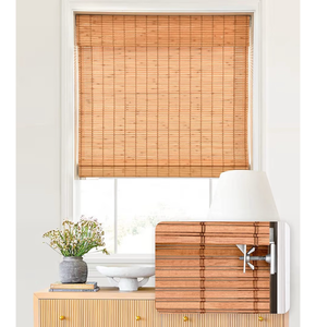 lot 2950 image: LazBlinds No Tools No Drill Cordless Bamboo Roman Shades, Light Filtering Window Treatment, Roll Up Bamboo Blinds for Windows 34 W x 64 H, Wood - Retail $0