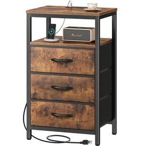 lot 5543 image: Huuger Nightstand with Charging Station, 27.6 Inch Bedside Table with Fabric Drawers, End Table with USB Ports and Outlets, Night Stand for Bedroom, Rustic Brown - Retail $50