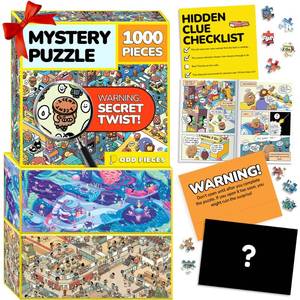 lot 5545 image: Odd Pieces Jigsaw Puzzles 1000 Pieces with Storytelling Comics, for Women, White Elephant, Mystery Puzzle for Adults & Kids - 19.7 x 27.6 Frameable Magic Puzzle Art (3 Pk Series 1) - Retail $89