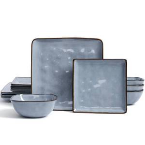 lot 5553 image: Famiware Dinnerware Sets for 4, Ocean Square 12-Piece Kitchen Plates and Bowls Sets, Reactive Glaze, Microwave and Dishwasher Safe, Scratch Resistant, Blue - Retail $73