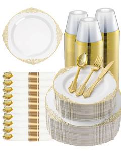 lot 5554 image: Goodluck 350 Piece Gold Plastic Dinnerware Set for 50 Guests, Fancy Disposable Plates, Include 100 Gold Rim Plastic Plates, 150 Silverwares, 50 Pre Rolled Napkins, 50 Cups for Party, Wedding - Retail $54