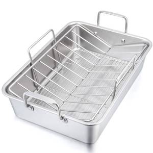 lot 5557 image: P&P CHEF 16 Roaster Roasting Pan with Baking Rack and V-shaped Rack, Stainless Steel Rectangular Lasagna Pan with Handles for Turkey Chicken, Healthy & Dishwasher Safe, 3 Pieces, Silver - Retail $50