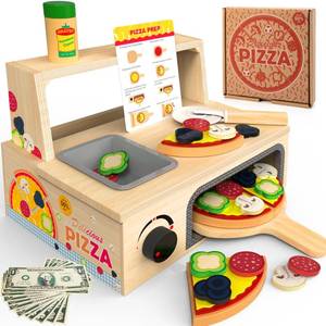 lot 5577 image: WOODMAM Wooden Pizza Toy - 48 PCS Montessori Pretend Play Food for Ages 3, Educational Learning Toy Wooden Playset with Bake Oven, Christmas Birthday Gift for 3 4 5 6 Year Old - Retail $36