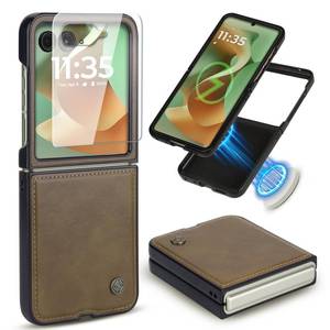 lot 39403 image: ASAPDOS Leather Folio Magnetic Case for Motorola Razr 20252024 PlusCompatible with MagSafe,Built-in Screen Protector and PU Leather Thin Slim Protective Case Cover for Man and Women Light Brown - Retail $16