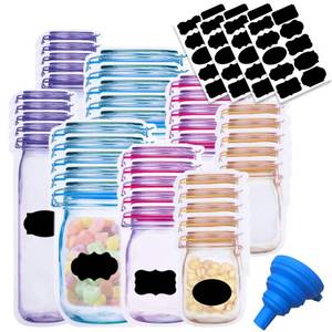 lot 39406 image: 81 Pcs Reusable Mason Jar Food Storage Plastic Bags - Multi-Size Fresh Leak Proof Sandwich Snack Zipper Bags With Chalkboard Label Sticker and Silicone Funnel for Kitchen, Camping, Travel, Office - Retail $18