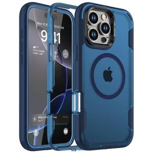 lot 39428 image: WRJ for iPhone 16 Pro Max Case, 2-Layer Durable Bumper Compatible with MagSafeBuilt-in Camera Stash Stand Military Grade Drop Protection Shockproof Phone Case-Blue - Retail $21