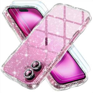 lot 39437 image: Choiche Compatible for iPhone 16 Plus Case, Women Clear Cute Glitter Phone Case, Wavy Bumper Cover 2 x Diamond Camera Lens Protectors 2 x Tempered Glass Screen Protectors 6.7 Glitter Clear - Retail $13