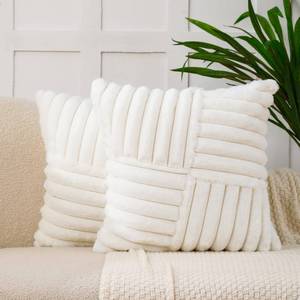 lot 39451 image: All Smiles Couch Decorative Throw Pillow Covers 26X26 Set of 2 Faux Fur Plush Soft Fluffy Velvet Cushion Case Cozy Fuzzy Striped Pillowcase Home Decor for Sofa Living Room Bedroom,Cream White - Retail $23