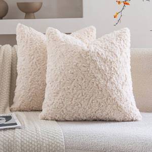 lot 39452 image: Neelvin Set of 2 Faux Fur Throw Pillow Covers 16x16 Inch Beige Cozy Soft Solid Decorative Pillowcases Thick Plush Sheepskin Cushion Case for Chair and Couch Sofa Bedroom - Retail $22
