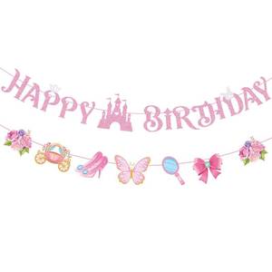 lot 39463 image: GZDUCK Princess Happy Birthday Banner for Girls- Pink Princess Birthday Party Decorations, Pink Happy Birthday Banner with Castle, Crown for Girl 1st 2nd 3rd Birthday Baby Shower Decorations - Retail $7