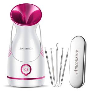 lot 48049 image: Amconsure Facial Steamer - Nano Ionic Face Steamer Warm Mist Steamer for Home Sauna SPA, Humidifier for Face Steamer for Deep Cleaning Unclogs Pores Sinuses - Bonus 5 Piece Stainless Steel Skin Kit - Retail $30