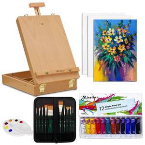 lot 48052 image: Deluxe Art Supplies 27 Pieces Art Set with Tabletop Easel, 12 Colors Acrylic Paint, 10 Paint Brushes, 3 Canvas Panels, Palettes - Retail $44