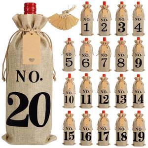lot 48062 image: Shintop 20pcs Jute Wine Bags with Gift Tags and 100 Feet Jute Twine, 14 x 6 14 inches Hessian Numbered Bottle Gift Bags with Drawstring for Blind Wine Tasting (No.1-No.20, Brown) - Retail $22