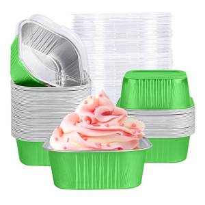 lot 48072 image: Mini Cake Pans with Lids, 5oz Square Aluminum Foil Brownie Baking Cups, Muffin Tin Ramekins, Disposable Dessert Cupcake Cups for Wedding Birthday Party, green 40 pack - Retail $10