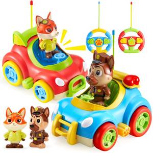 lot 48078 image: lalalark 2 Pack Remote Control Car for Toddlers, RC Cars with Cartoon Figure, Kids Toy Bumper Cars with LED Lights and Sounds, Light Up Car with Music, Christmas Birthday Gift for Boys Girls - Retail $20