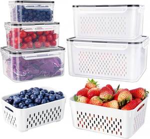 lot 48083 image: Large Fruit Containers for Fridge - Leakproof Food Storage Containers with Removable Colander - Dishwasher & microwave safe Produce Containers Keep Fruits, Vegetables, Berry, Meat Fresh longer 5 peice - Retail $22