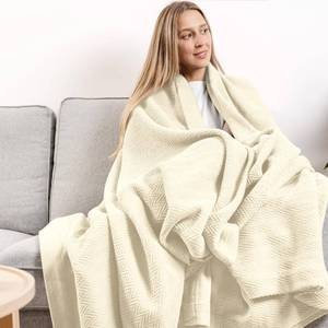 lot 48091 image: Carressa Linen Pure Cotton, Luxury Twin Size Soft Ivory Blanket Herringbone Pattern, Lightweight, Soft & Cozy Premium Fall Bed Throw Blanket for All Seasons, 350GSM & 68X92 with Free Cotton Pouch - Retail $33