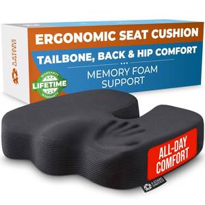 lot 48097 image: Seat Cushion for Office Chairs - Tailbone, Coccyx Pain Relief - Butt, Pressure & Sciatica Relief - Gaming, Wheelchair, Car & Desk Pillow, Black - Retail $30