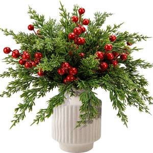 lot 48101 image: Watayo 60 Pcs Christmas Artificial Pine Branches with Red Berry Stems, 10.5 Faux Evergreen Norfolk Pine Cypress Leaves Stems, Fake Foliage Pine Needles Picks for DIY Craft Garland Home Decor - Retail $19