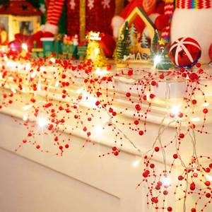 lot 54861 image: Riakrum 16.5 ft Christmas Berry Beaded Garland String Light Christmas Mantle Decor Pre-lit Warm LED Lights Lighted Battery Operated Winter Garland for Xmas Tree Staircase Home Indoor Decor(Red) - Retail $19
