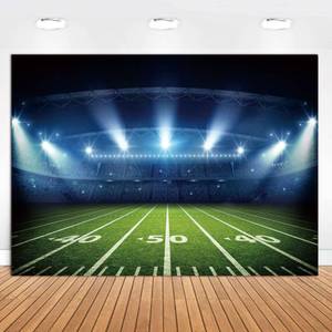 lot 54867 image: Qian Football Stadium Backdrop for Photography 7x5ft Auditorium Light Football Field Photo Background Children Birthday Party Decoration Kids Baby Shower Banner - Retail $9