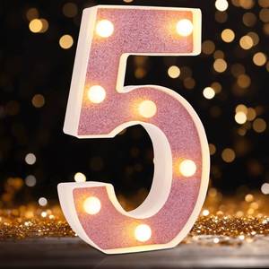 lot 54868 image: LED Marquee Numbers, Small Light Up Numbers for Party, 8.58 Inch Battery Powered Lighted Number for Birthday, Night Light, Table or Home Decor (Pink Glitter, Number 5) - Retail $13
