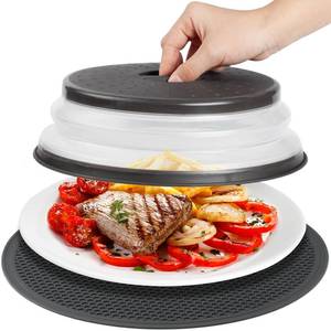 lot 54875 image: MAGJIUKE Microwave Splatter Cover & Silicone Mat Collapsible, Vented, Reusable Food Guard and Plate Cover with Heat-Resistant Trivet for Pots, Pans, and Kitchen Counter, Black - Retail $9