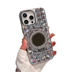 lot 54878 image: iFiLOVE for iPhone 16 Pro Max Case with Magnetic Mirror Stand, Compatible with MagSafe Luxury Bling Diamond Crystal Rhinestone Phone Case Cover for Girls Women (Clear) - Retail $15
