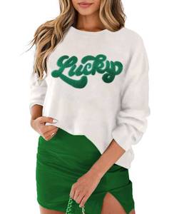 lot 54888 image: SELINK Womens Valentines Sweater Crew Neck XOXO Heart Print Casual Long Sleeve Pullover Tops Sweaters White Lucky-S - Retail $30
