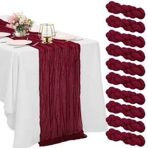 lot 55615 image: 10 Pack Burgundy Cheesecloth Table Runner 10FT Boho Gauze Fabric Table Runner Vintage Rustic Sheer Runners for Wedding Party Bridal Baby Shower Long Table Decorations - Retail $29