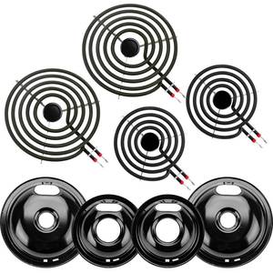 lot 55618 image: W10290350 W10290353 Porcelain Burner Drip Pan Bowls & MP22YA Electric Range Burner Element Unit Set by Cenipar-Compatible with Whirl-pool Frigi-daire Ama-na Range OvenStove - Retail $50