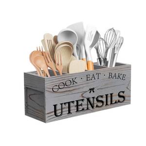 lot 55621 image: Suli Extra Large Kitchen Utensils Holder with 4 Compartments, Wooden Utensil Organizer for Kitchen Countertop, Farmhouse Decor, Rustic Cooking Utensil - Grey grain - Retail $43