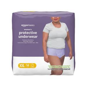 lot 55626 image: Amazon Basics Incontinence Underwear for Women, Protective, Disposable, Postpartum, Maximum Absorbency, XX-Large, Lavender, 14 Count - Retail $14