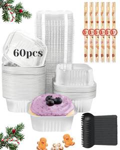 lot 55635 image: YQER 60 Pack 10oz Mini Cake Pans with Lids, Spoons, Stickers - Disposable Square Brownie Baking Cups - Individual Small Aluminum Foil Loaf Tins for Muffin, Ramekins, Cupcake - Catering, Gift, Sliver - Retail $18