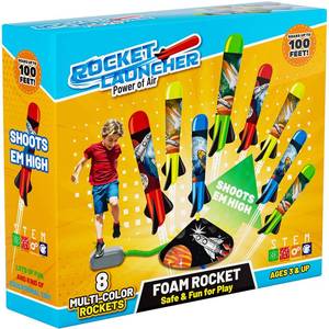 lot 55638 image: Otoseth Toys Rocket Launcher for Kids - Launch up to 100 Ft, 8 Multi-Color Foam Rockets & Adjustable Launch Stand, Kids Outdoor Toys, Age 3 - Retail $23