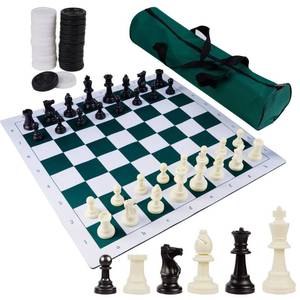 lot 55639 image: Juegoal 20 Portable Chess & Checkers Set, 2 in 1 Travel Board Games for Kids and Adults, Folding Roll up Chess Game Sets, Extra 26 Checker Pieces, Tournament Thick Mousepad Mat with Storage Bag - Retail $24