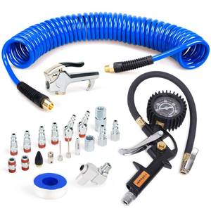 lot 55649 image: FYPower 22 Pieces Air Compressor Accessories kit, 14 inch x 25 ft Recoil Poly Air Compressor Hose Kit, 14 NPT Quick Connect Air Fittings, Tire Inflator Gauge, Blow Gun, Swivel Plugs - Retail $35