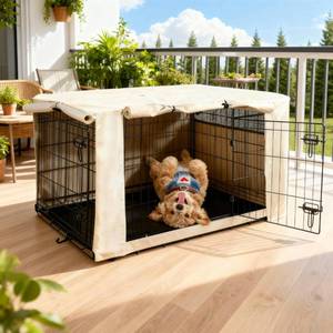 lot 55657 image: HiCaptain Dog Crate Cover 42.0 L x 28.0 W x 30.0 H with Breathable Mesh, Durable Heavy Duty Kennel Cover, Dual Zippered Panels, Windproof Waterproof UV-Resistant(Beige) - Retail $33